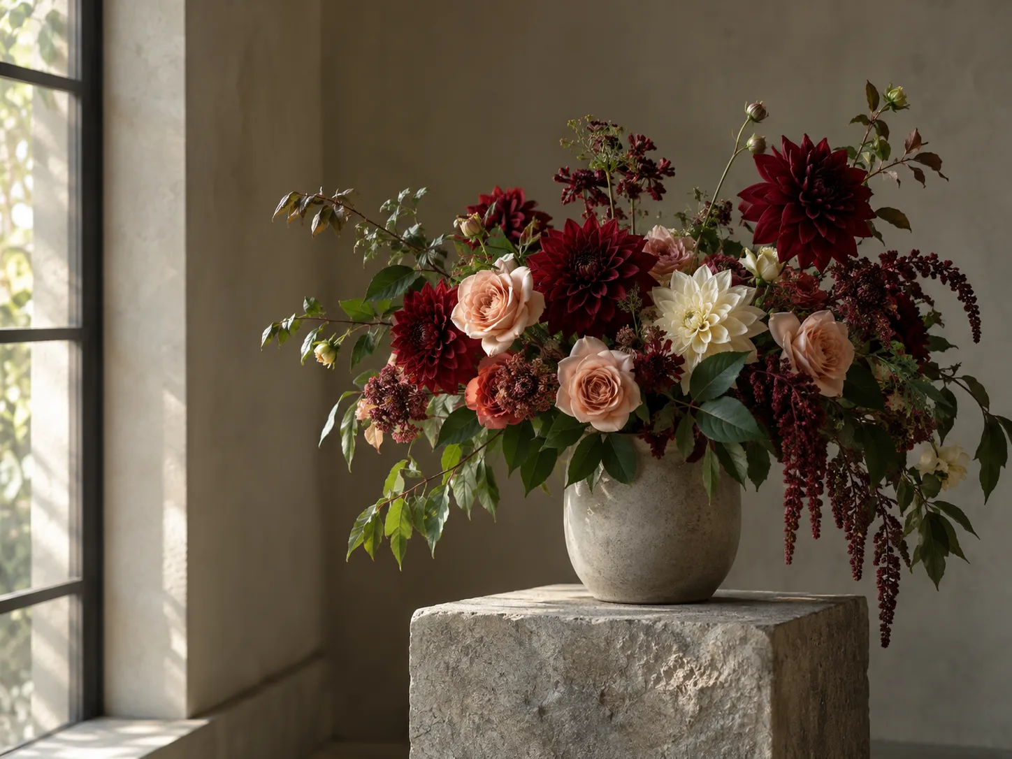 Arranjo de dálias bordô, rosas pêssego e flores creme em vaso de cerâmica